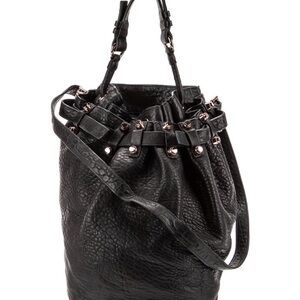 Alexander Wang Black Leather Drawstring Shoulder Bag with Studs